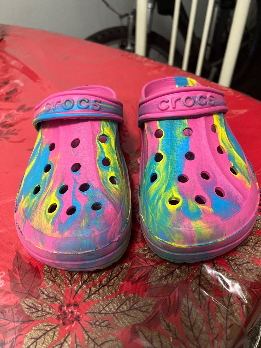 Womens Crocs Size 39/ U.S. 8.5  Pink Blue Yellow Tye Dye EUC